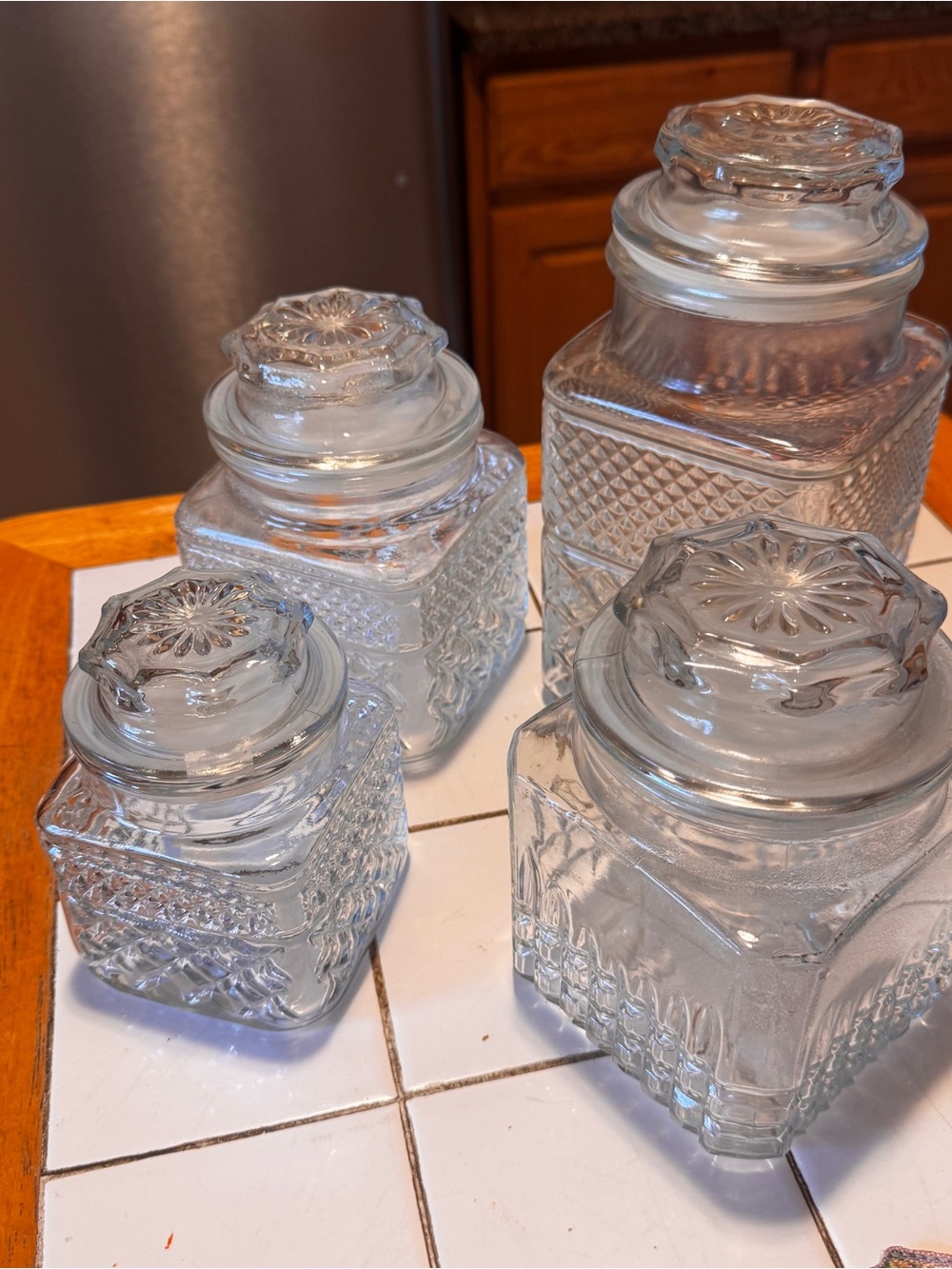 Vtg Pressed Glass Anchor Hocking apothecary jars w/ lids set of 4 storage